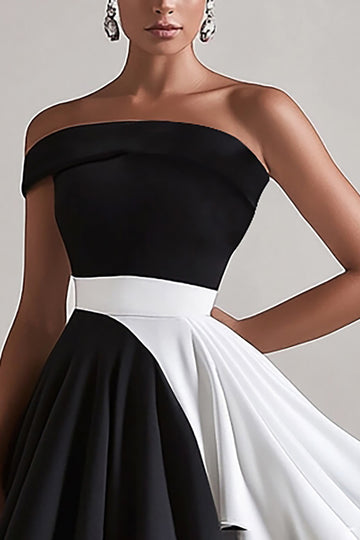 Black White A Line Ruffle One Shoulder Graduation Dress